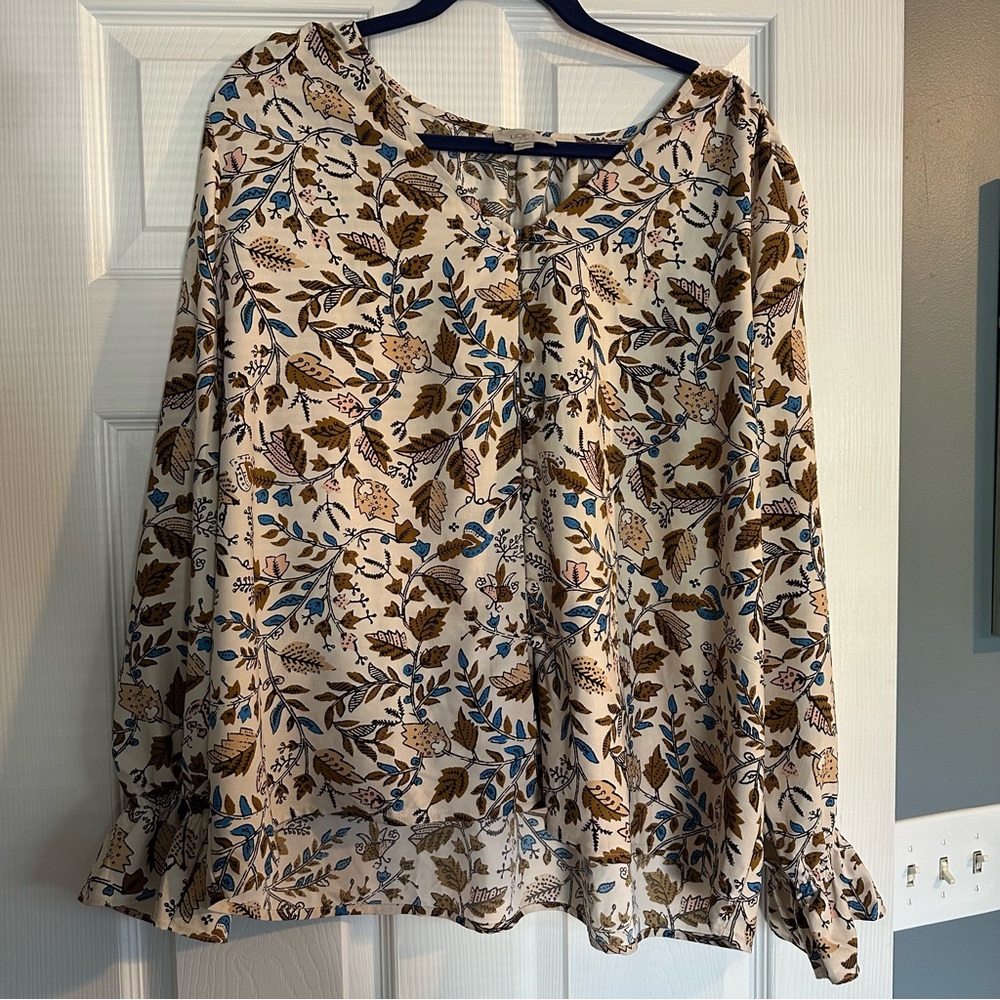 LOFT Autumnal Floral Print Women's Button Top with Ruffle Sleeves